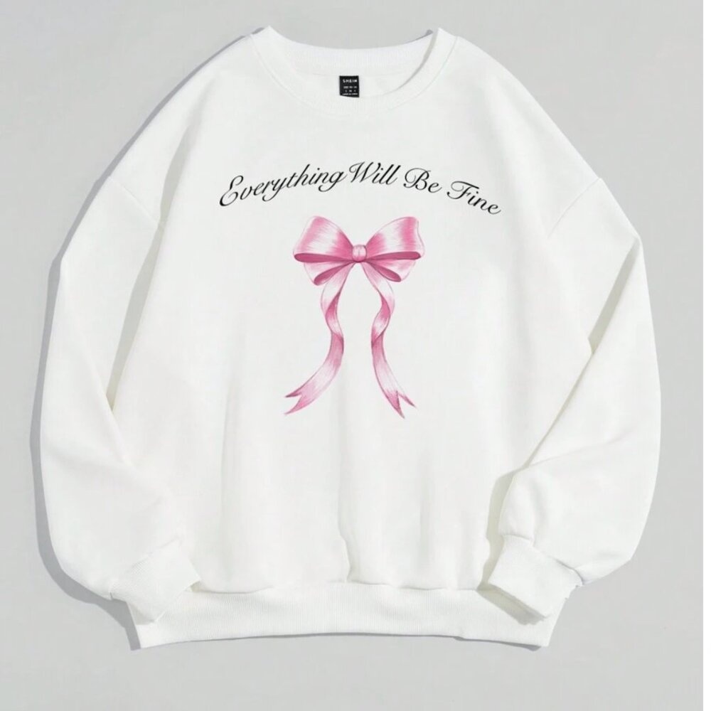 White Everything Will Be Fine Bow Graphic Oversized Crewneck Sweatshirt M